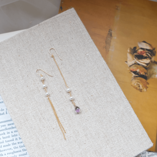 水滴寶石珍珠不對稱耳環 – 紫水晶(淺)