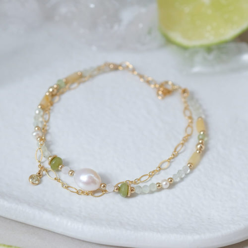 微醺氣泡 橄欖石 葡萄石 珍珠雙鍊手鍊